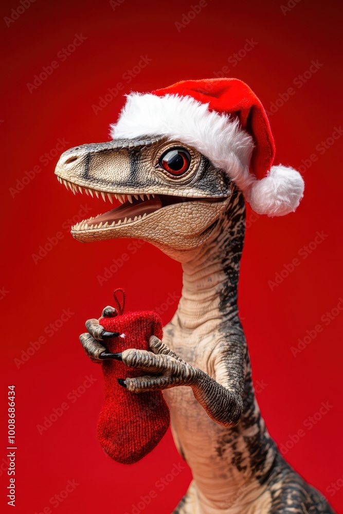Dinosaur holding a small Christmas stocking with santa hat Dinosaur holding a small Christmas stocking with santa hat