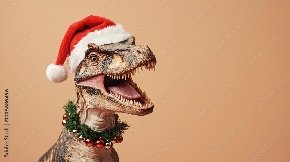 Fototapeta premium Festive dinosaur allosaurus wearing Santa hat and garland for Christmas