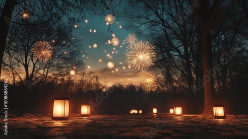 Enchanting Fireworks Display in a Serene Woodland Landscape