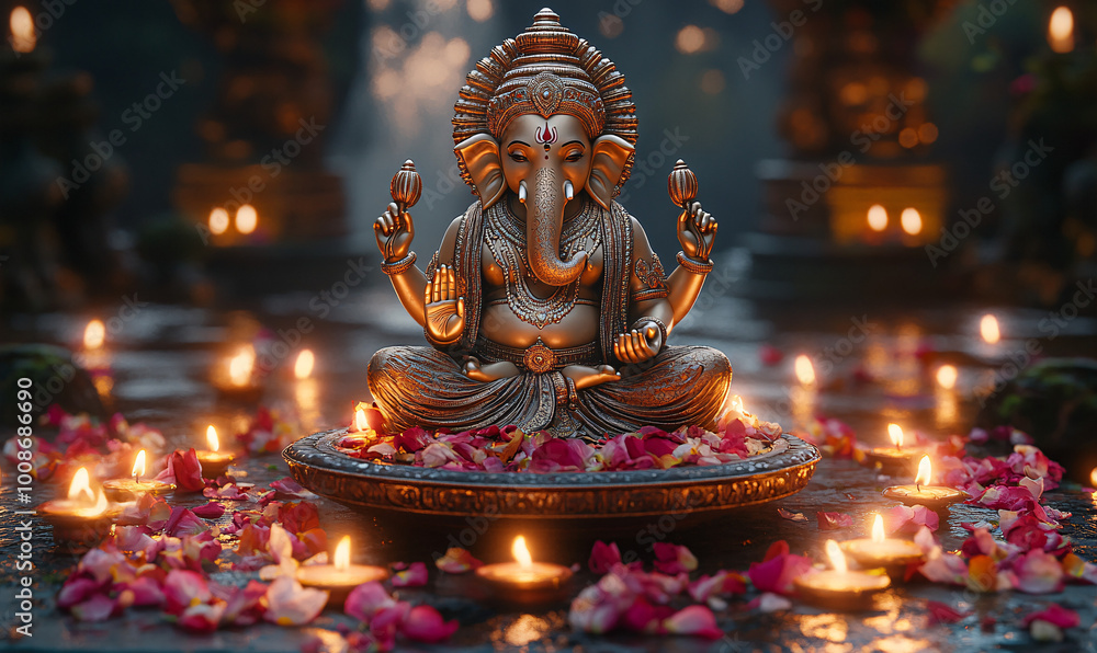 Golden Ganesh statue adorned with intricate patterns, seated on a plate with glowing candles, surrounded by vibrant petals on a dark marble surface.... Golden Ganesh statue adorned with intricate patterns, seated on a plate with glowing candles, surrounded by vibrant petals on a dark marble surface....