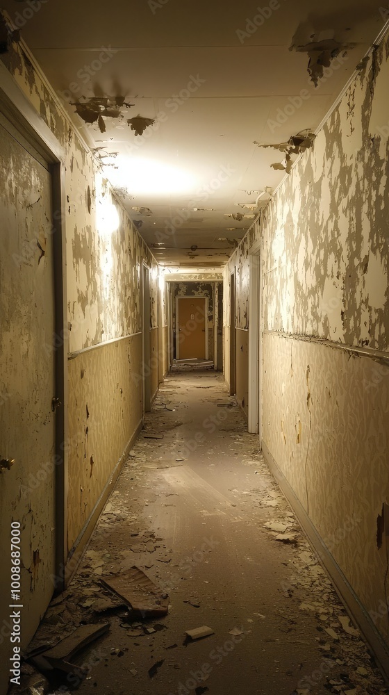 An eerie, abandoned corridor with peeling paint and dim lighting invites exploration into forgotten spaces. An eerie, abandoned corridor with peeling paint and dim lighting invites exploration into forgotten spaces.