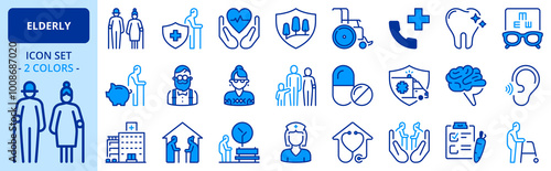Icons in two colors about elderly