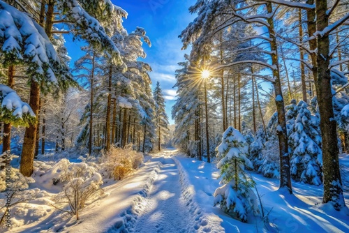 Serene Winter Hiking Adventure Through a Snow-Covered Forest Trail Under Clear Blue Skies