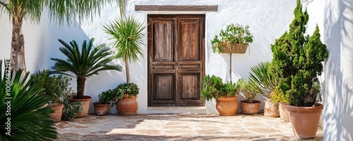 A beautiful front door of an old finca in Ibiza, with plants and potted palm trees, white walls, and a blue sky. 