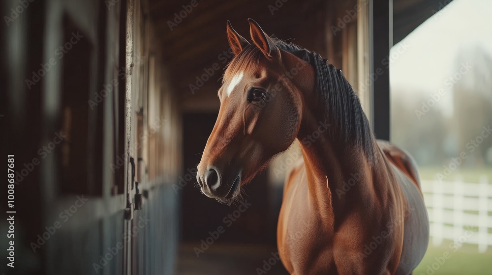Fototapeta premium The horse stands confidently in its stable, bathed in warm afternoon light, exuding grace and tranquility while observing its surroundings