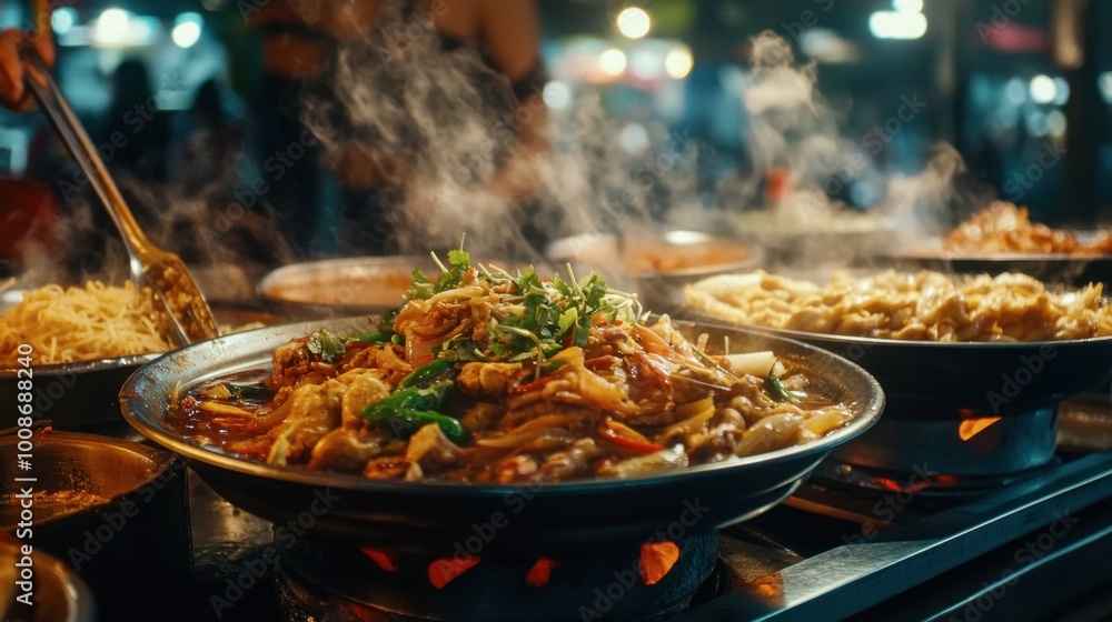 A close-up of colorful street food dishes from the Kanchanaburi Night Market.