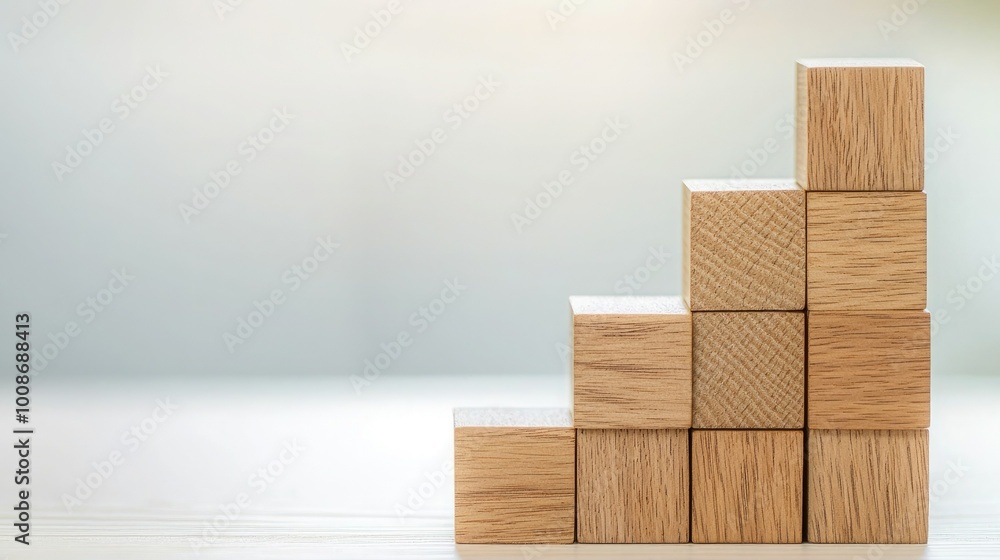 A creative arrangement of wooden blocks forming a staircase, symbolizing growth and progress in a minimalist design. A creative arrangement of wooden blocks forming a staircase, symbolizing growth and progress in a minimalist design.
