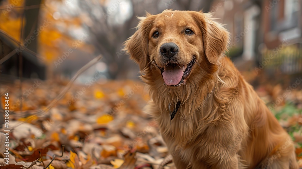 Golden Retriever Dog Portrait in Autumn Leaves Golden Retriever Dog Portrait in Autumn Leaves