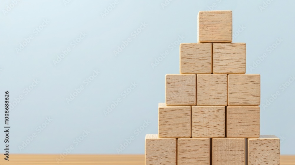A simplistic arrangement of wooden blocks forming a pyramid against a light blue background, symbolizing creativity and play. A simplistic arrangement of wooden blocks forming a pyramid against a light blue background, symbolizing creativity and play.