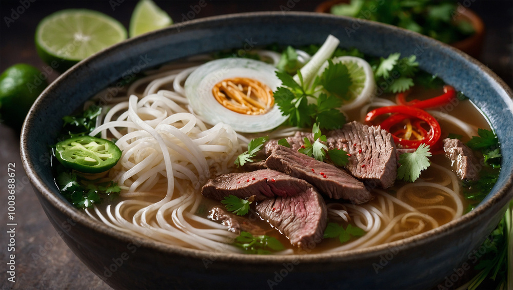 Bowl of Vietnamese pho with beef slices and herbs, releasing gentle steam under soft natural lighting. Bowl of Vietnamese pho with beef slices and herbs, releasing gentle steam under soft natural lighting.