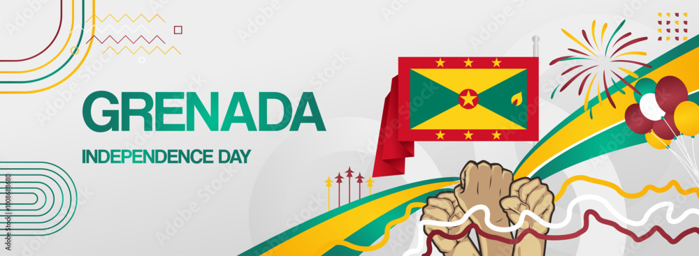 Grenada national or independence day modern banner with flag. Abstract art background for national holiday greeting card, sport and music event poster. Horizontal templates Grenada national or independence day modern banner with flag. Abstract art background for national holiday greeting card, sport and music event poster. Horizontal templates