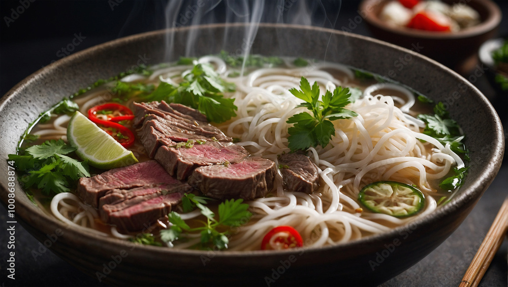 Bowl of Vietnamese pho with beef slices and herbs, releasing gentle steam under soft natural lighting. Bowl of Vietnamese pho with beef slices and herbs, releasing gentle steam under soft natural lighting.