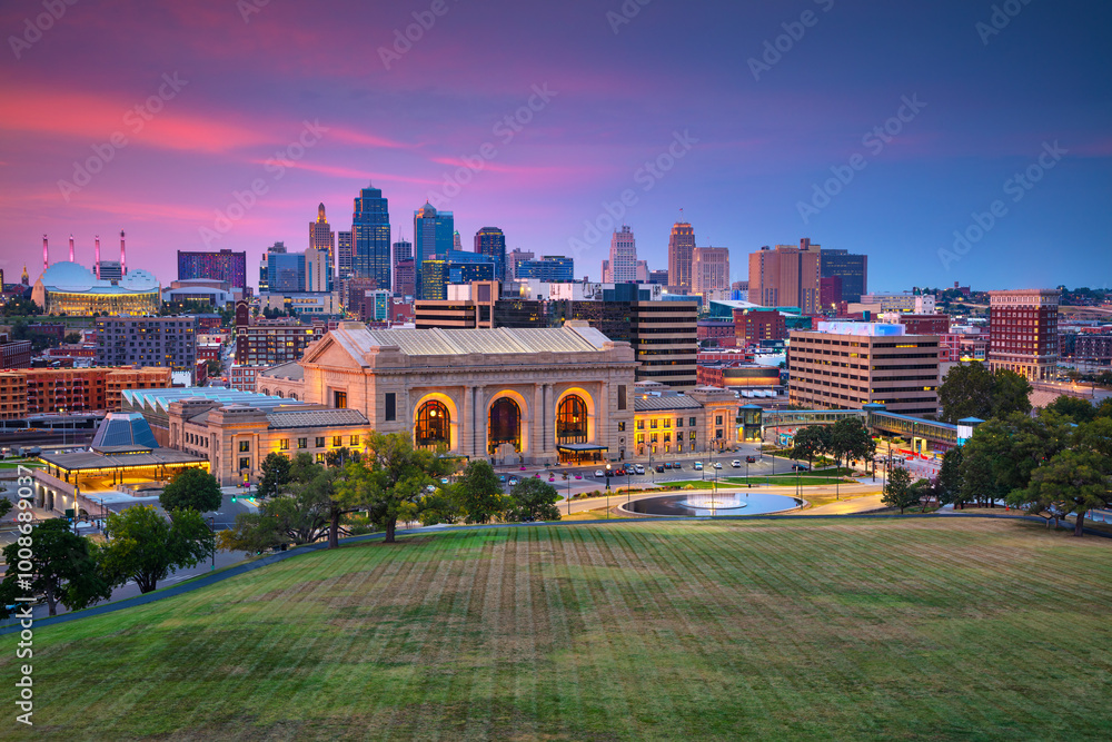 Kansas City, Missouri, USA. Aerial cityscape image of Kansas City skyline at twilight blue hour.