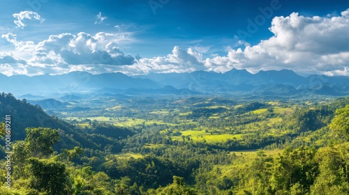 A panoramic view of the lush landscapes surrounding Phu Wiang National Park, with distant mountains and forests.