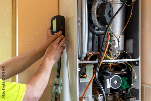 Gas service engineer holding digital flue gas analyser that is connected to domestic boiler by black pipe