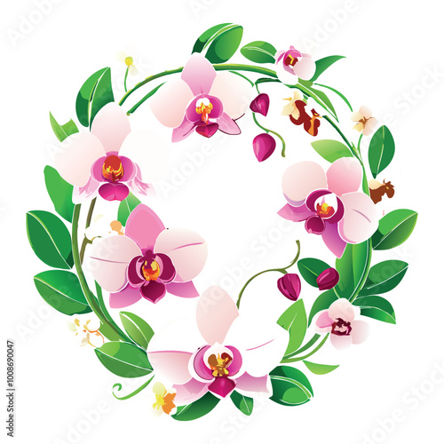 Delicate pink orchid flowers and green leaves form a beautiful circular floral wreath