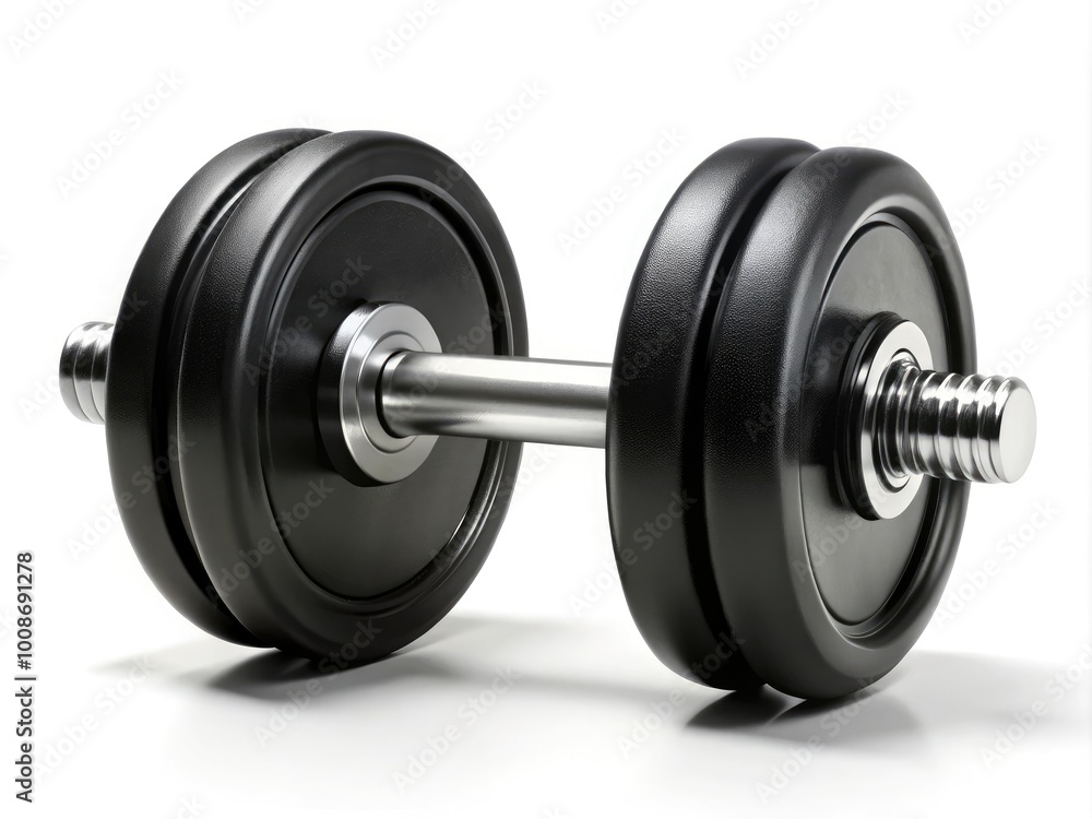 Naklejka premium Sleek Black Dumbbell Isolated on a White Background for Fitness and Exercise Equipment Imagery