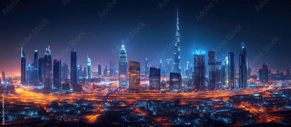 Night cityscape of Dubai with illuminated skyscrapers, buildings Night cityscape of Dubai with illuminated skyscrapers, buildings