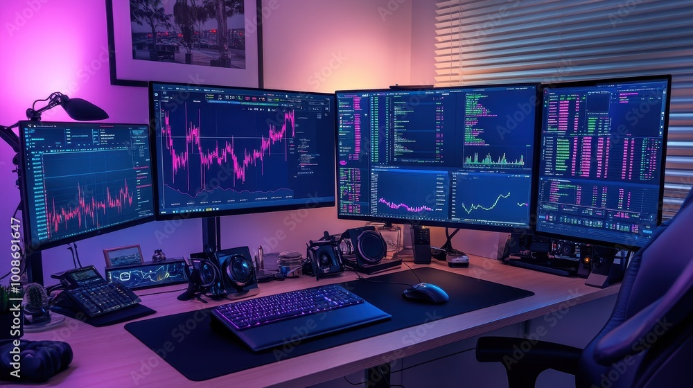 Sophisticated Financial Trading Workstation with Multiple Displays Sophisticated Financial Trading Workstation with Multiple Displays