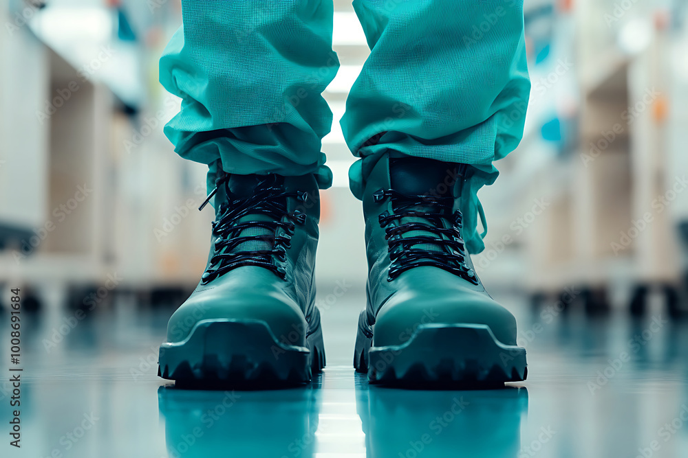 A close-up of a pair of green work boots. A close-up of a pair of green work boots.