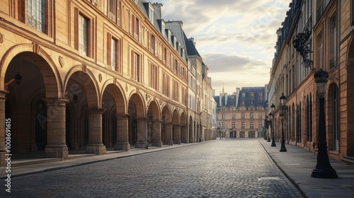 A street view of the Place des Vosges, Paris oldest planned square, with its beautiful arcades. photo