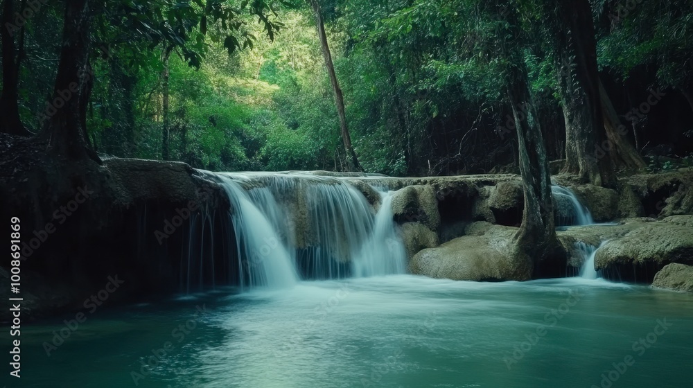 A tranquil scene at Sai Yok Yai Waterfall, with water cascading over limestone rocks. A tranquil scene at Sai Yok Yai Waterfall, with water cascading over limestone rocks.