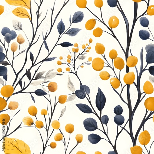 Watercolor Floral Seamless Pattern with Yellow and Blue Leaves