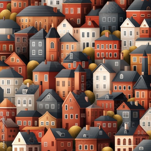 A vibrant illustration of densely packed houses in various styles and colors, creating a charming neighborhood scene. photo