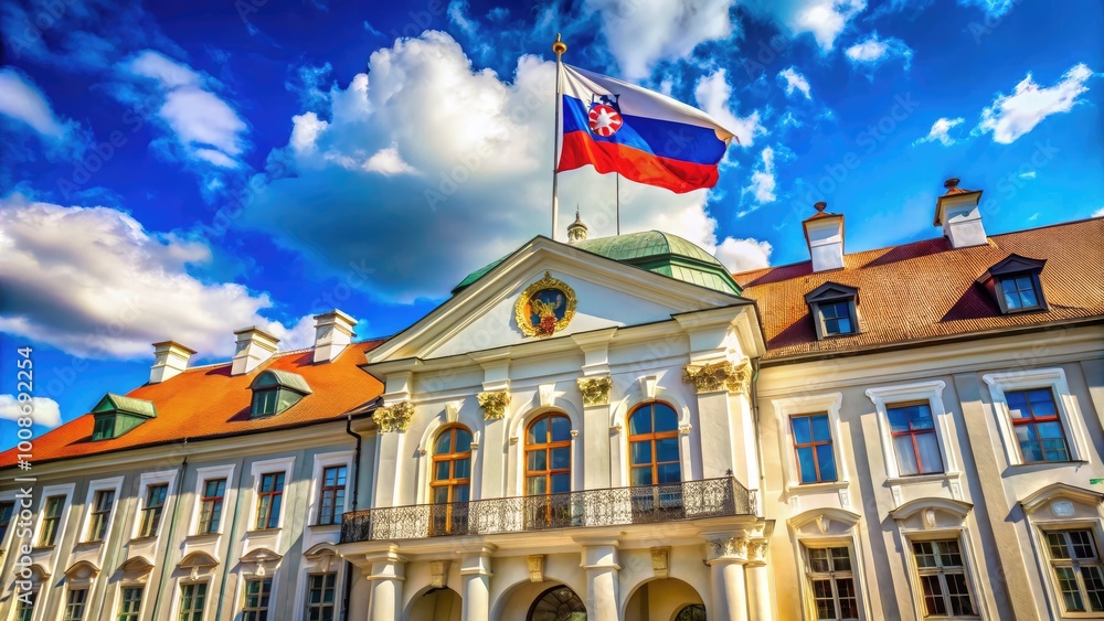 Obraz premium Slovakia Government Building Architecture with Flag and Symbolic Elements Representing Leadership Power