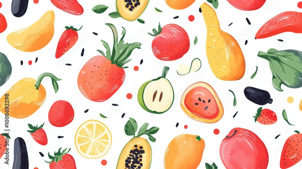 Colorful seamless pattern with various fruits and vegetables. Food texture background Colorful seamless pattern with various fruits and vegetables. Food texture background