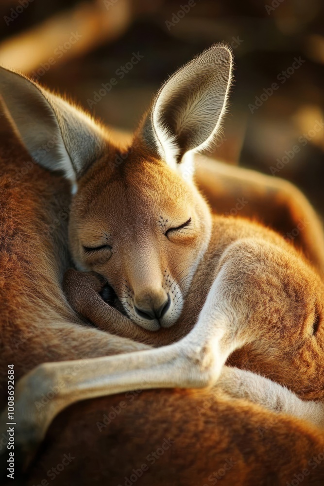 Fototapeta premium A kangaroo peacefully sleeping in an embrace, showcasing warmth and tenderness in nature.