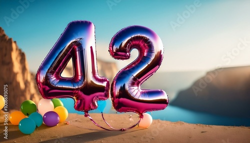 Banner with number 42 colorful balloons with copy space photo