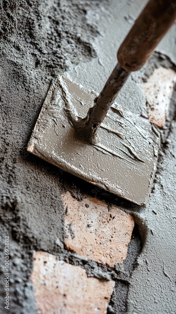 Close-up of a trowel applying mortar on bricks, showcasing the process of construction and craftsmanship in masonry work. Close-up of a trowel applying mortar on bricks, showcasing the process of construction and craftsmanship in masonry work.