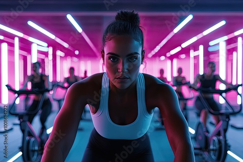 Un grupo diverso de personas en una clase de spinning en un ambiente con luces tenues y neones. La escena muestra a los participantes pedaleando con energía, mientras el instructor los motiva. photo