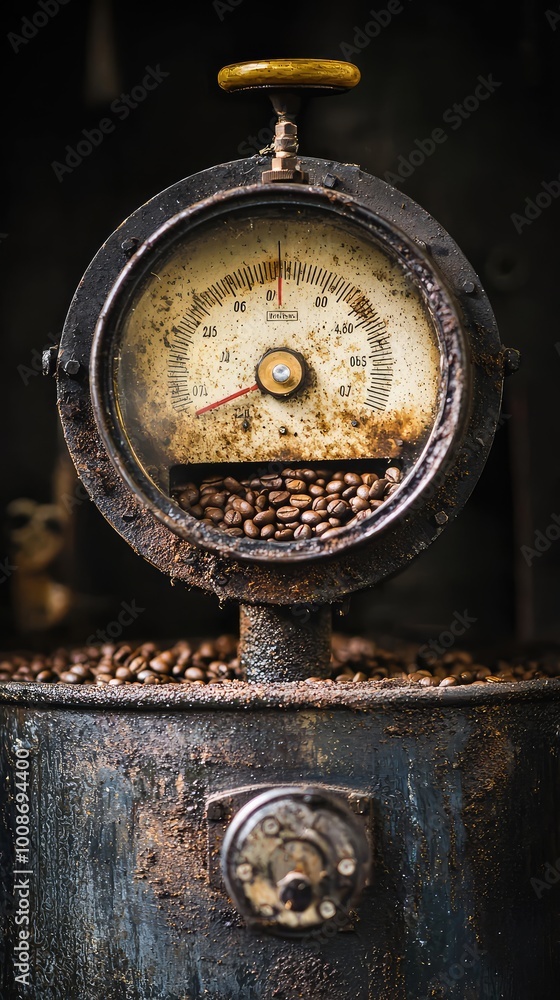 Close-up of an antique gauge with coffee beans, showcasing a vintage and rustic aesthetic, perfect for coffee enthusiasts and decor. Close-up of an antique gauge with coffee beans, showcasing a vintage and rustic aesthetic, perfect for coffee enthusiasts and decor.