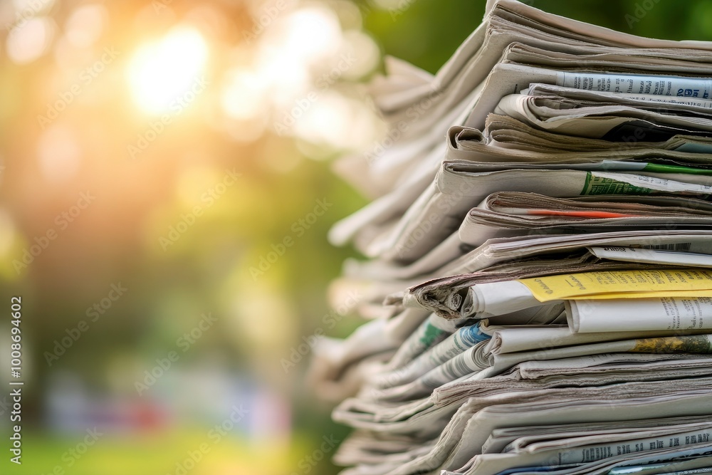Pile of fresh newspapers on blur background - generative ai Pile of fresh newspapers on blur background - generative ai