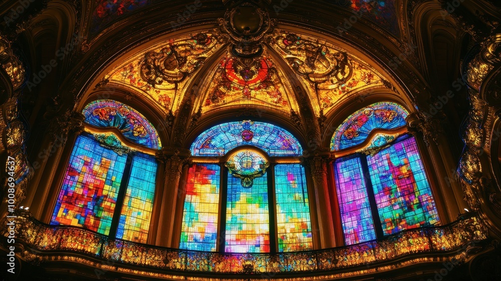 The beautiful stained glass windows inside the Palais Garnier, with their vibrant colors. The beautiful stained glass windows inside the Palais Garnier, with their vibrant colors.