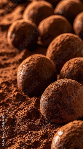 Close-up of chocolate truffles covered in cocoa powder, showcasing a rich texture and inviting presentation for dessert enthusiasts. photo