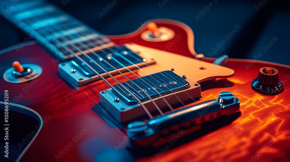Close-up of a red electric guitar with chrome hardware. Close-up of a red electric guitar with chrome hardware.