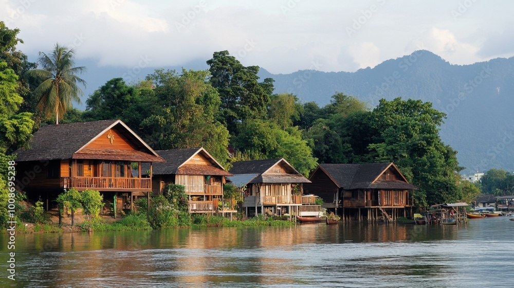 Fototapeta premium The charming wooden houses along the banks of the Kwai River, a serene escape from the city.