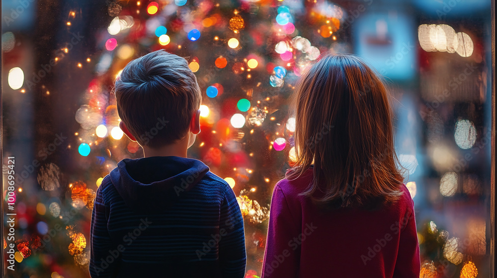 Photo of two children mesmerized by a festive Christmas window display Photo of two children mesmerized by a festive Christmas window display