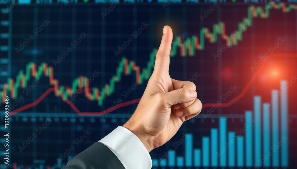 Close-Up of Businessman's Hand Interacting with Stock Market Graphs and Financial Indicators. Immersive Digital Investment Diagrams with Holographic Financial Data Close-Up of Businessman's Hand Interacting with Stock Market Graphs and Financial Indicators. Immersive Digital Investment Diagrams with Holographic Financial Data