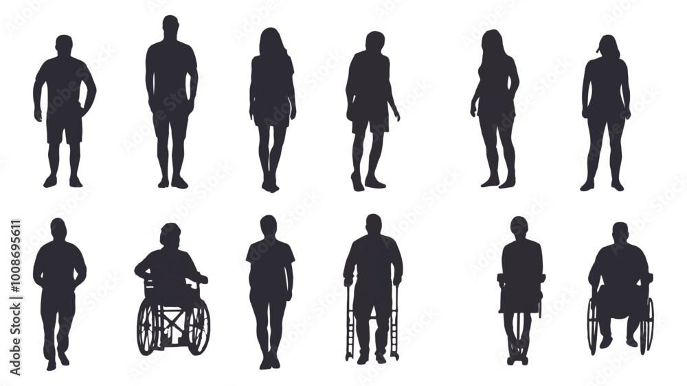 Silhouettes of different people with disability vector illustration set ...