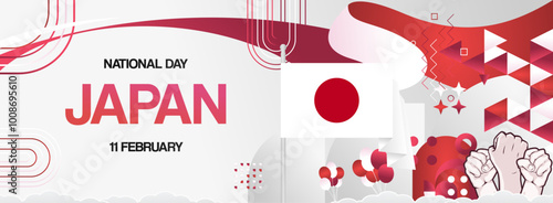 Modern banner of Japan National Foundation Day with flag. Abstract art background for national holiday greeting cards, sports and music event posters. Can also be used for Japan Constitution Day