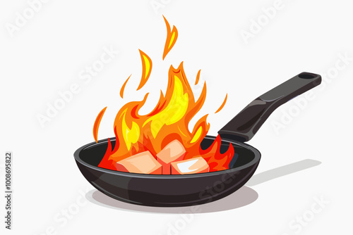 Illustration of cooking food on fire. Flambe.