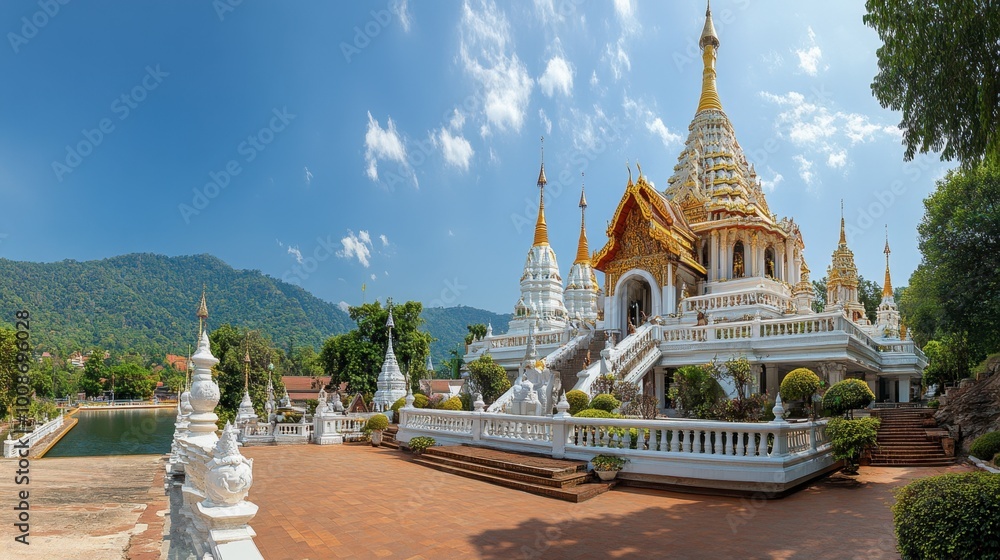 Fototapeta premium The grand architecture of Wat Pa Phu Kon, with its beautiful golden spires and serene surroundings.