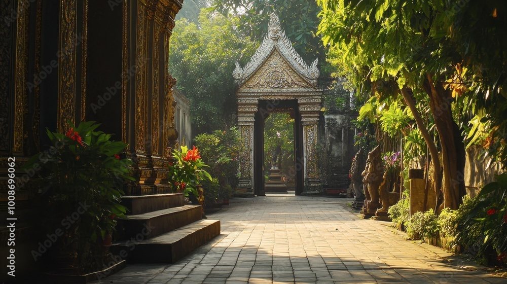 The grand entrance to Wat Pho Ban Nontan, a temple known for its beautiful carvings and peaceful setting. The grand entrance to Wat Pho Ban Nontan, a temple known for its beautiful carvings and peaceful setting.