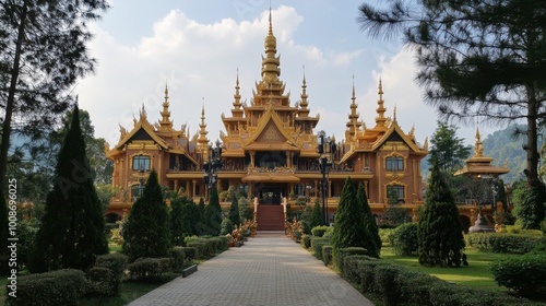 The grand architecture of Wat Pa Phu Kon, with its beautiful golden spires and serene surroundings. photo