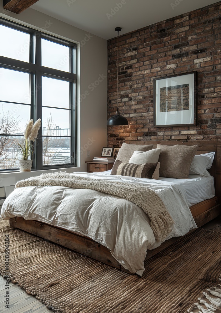 Urban Loft Bedroom A bedroom with exposed brick walls, large windows, and modern furniture. Include a comfortable bed and industrial light fixtures Urban Loft Bedroom A bedroom with exposed brick walls, large windows, and modern furniture. Include a comfortable bed and industrial light fixtures