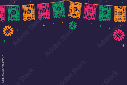 Hispanic Heritage Month. Vector background with copy space. Vector illustration with Papel Picado, flowers and confetti on a blue background.